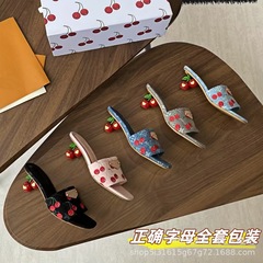 欧美外贸樱桃跟拖鞋女外穿2025夏季百搭气质刺绣牛仔布印花一字拖