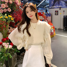 新款韩国chic设计感假两件荷叶边衬衫拼接麻花毛衣女针织衫上衣女