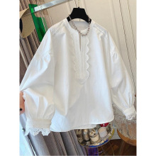 2025春秋独特超好看法式优雅气质蕾丝白色棉衬衫宽松娃娃衫上衣女