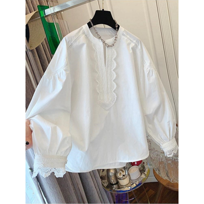 2026 Spring and Autumn Unique and Super Beautiful French Elegant Lace White Cotton Shirt Loose Babydoll Top for Women