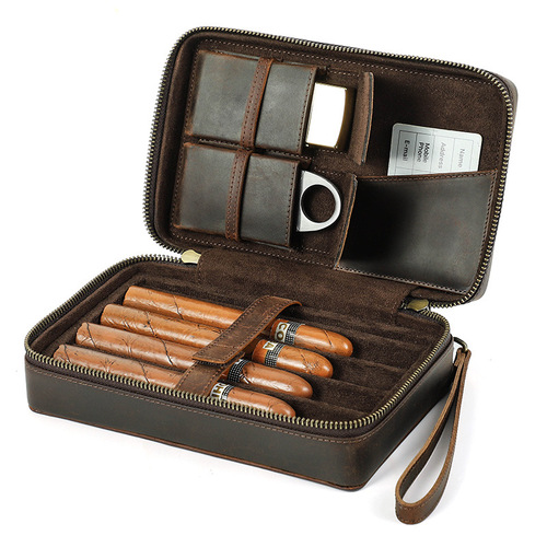 复古牛皮雪茄盒4支装手工制作手腕拉链户外旅行雪茄套装收纳盒