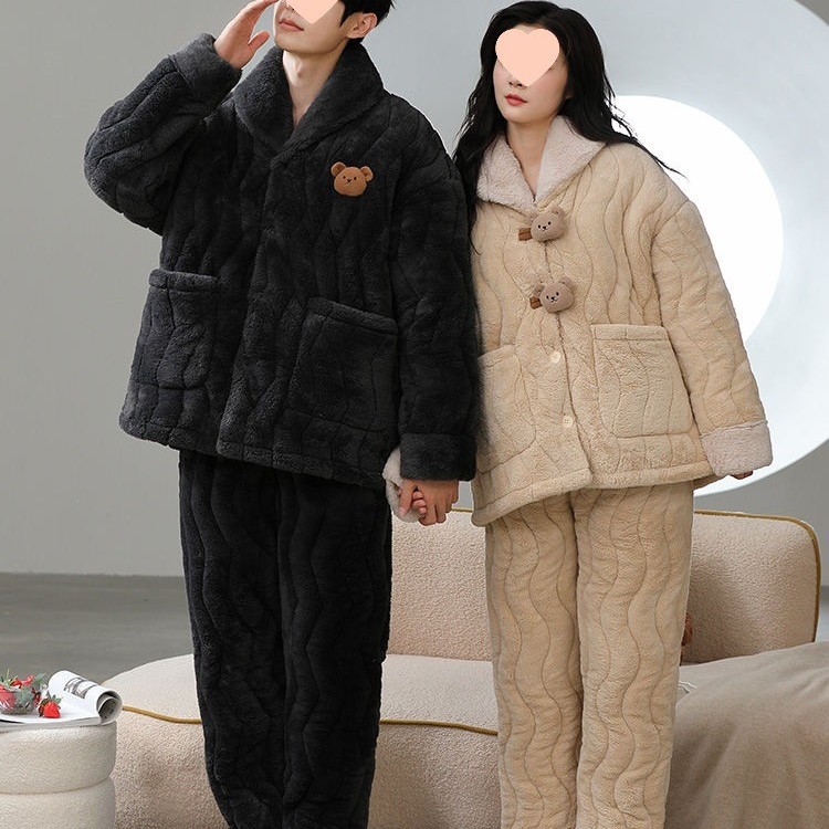 Coral Velvet Couple Pajamas Women's Winter Men's Velvet Thickeneded Three-Layer Quilted Warm Lapel Home Wear Set