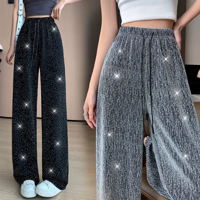 Блестящие повседневные брюки для женщин, украшенные стразами, прямого кроя, с высокой талией, стройнящие, из ледяного шелка, с эффектом драпировки, стильные, на шнурке, в пол.