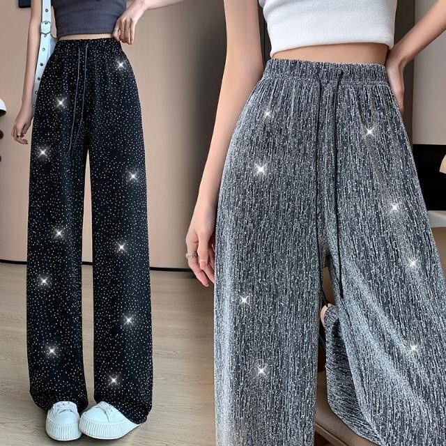 Shiny Rhinestone-Embellished Casual Pants for Women, Straight-Leg, High-Waisted, Slimming, Ice Silk Drape, Stylish Drawstring, Floor-Length