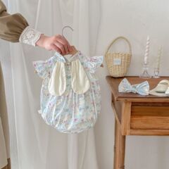 2024新款嬰兒衣服夏季薄款兔子圖案旗袍哈衣女寶寶滿月周歲拍照服