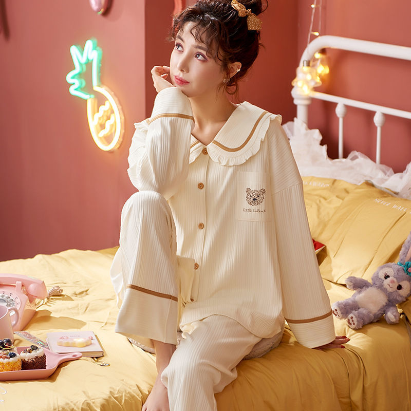 Rebeca de manga larga para mujer más tamaño traje de algodón collar de muñeca dulce casual mamá ropa para el hogar primavera y otoño