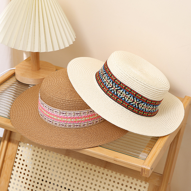 Vintage Straw Sun Hat For Beach Bohemian Flat Top Sun Protection_voghion.com