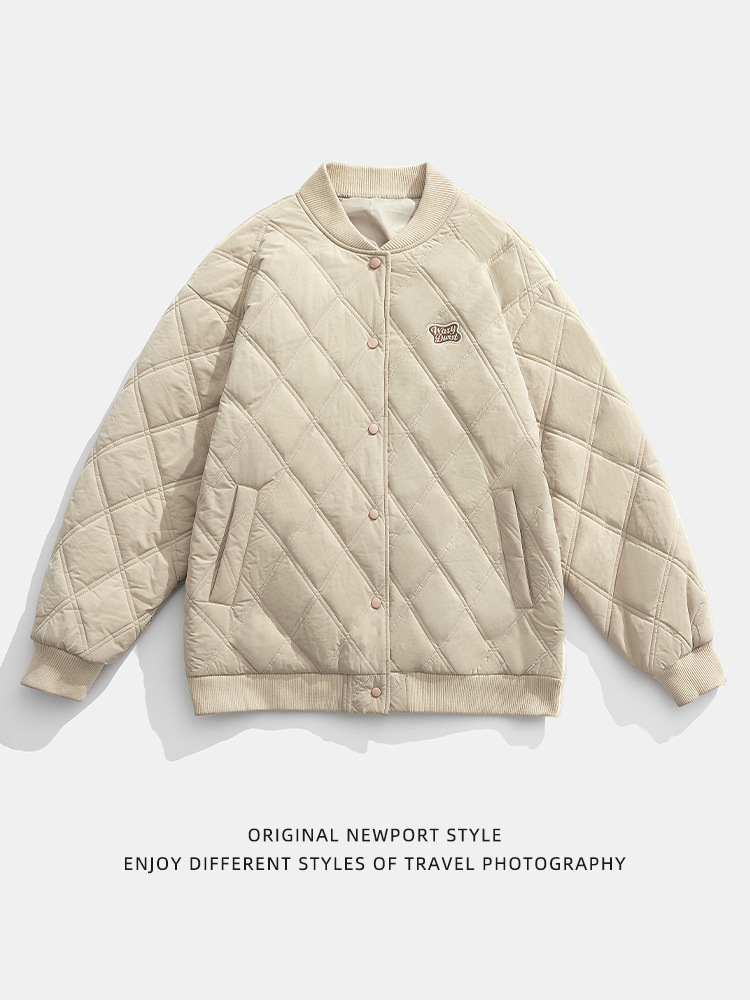 Rhombic algodón acolchado cuello de béisbol abrigo de algodón invierno de los hombres nueva pareja bordado suelta marca de moda engrosada ropa de trabajo abrigo de algodón