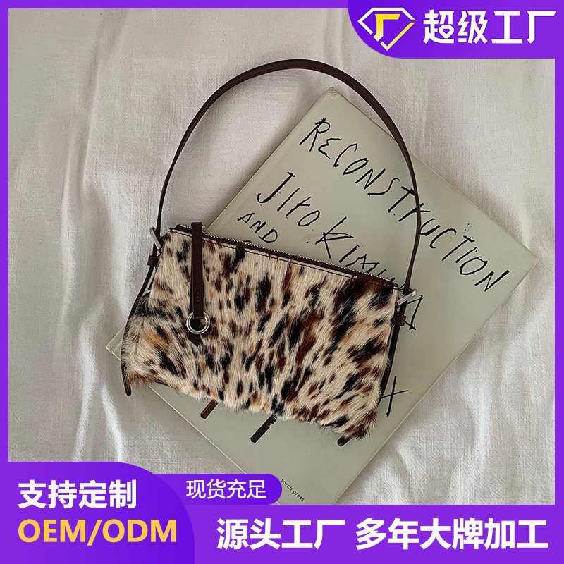 2026 Winter Leopard Print Horsehair Underarm Bag Genuine Leather and Fur Integrated High-End Style Trendy Shoulder Crossbody Bag Factory