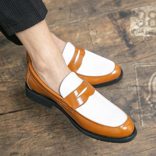 Cross-border large size  spring black and white plaid leather shoes for men, slip-on Loafers, Korean style fashionable business shoes