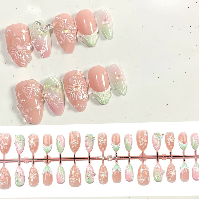 Pink-Green French-Style Fresh 3D Flower Press-On Nails, Hailey White Style, Popular Cross-Border Nail Stickers Pink-Green French-Style Fresh 3D Flower Press-On Nails, Hailey White Style, Popular Cross-Border Nail Stickers