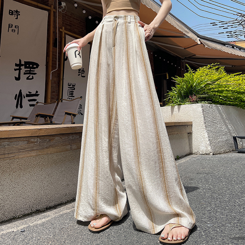 冰丝棉麻条纹阔腿裤女夏季薄款天丝亚麻西装裤宽松直筒垂感拖地裤|undefined