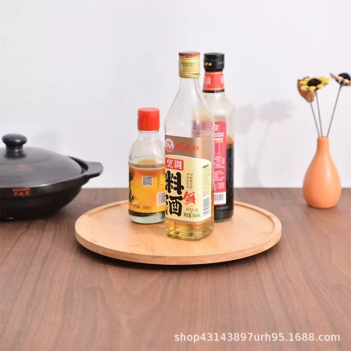 跨境圆形可旋转式托盘家用木质蛋糕盘简易桌面收纳盘调味品盘