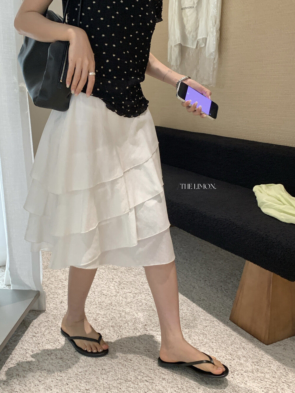 Chân váy midi xếp ly tầng bất đối xứng chất liệu Tencel — màu trắng, Bột cam, màu xám chi tiết 20