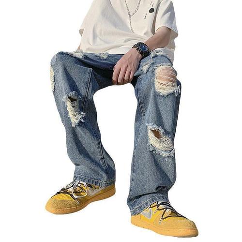 American Street Ripped Denim Jeans for Men - Summer Hong Kong Style Trendy Straight Leg Long Pants - INSA Trend Brand Street Bum Pants