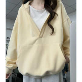 {原版布纯棉华棉} V领连帽纯色卫衣外套秋季新款休闲百搭女上衣
