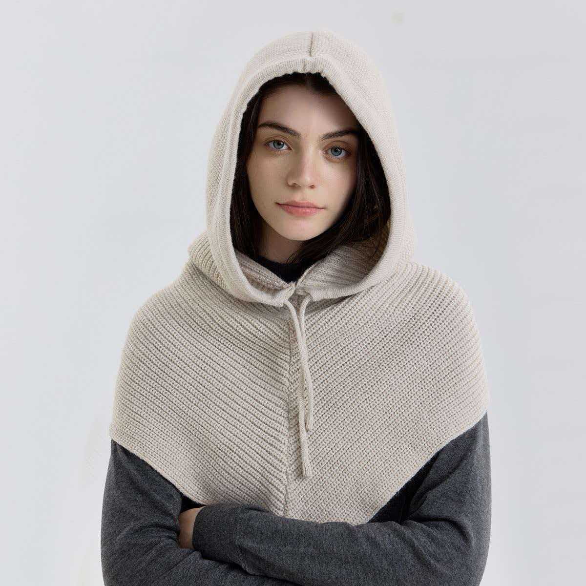 Solid color balaclava knitted pullover neck warmer with integrated drawstring, autumn and winter windproof and warm women's ear-protecting woolen hat