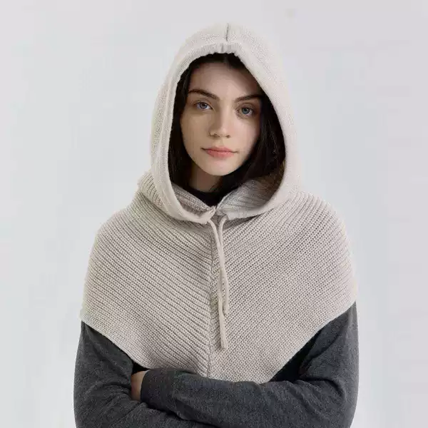 Solid color balaclava knitted pullover neck warmer with integrated drawstring, autumn and winter windproof and warm women's ear-protecting woolen hat