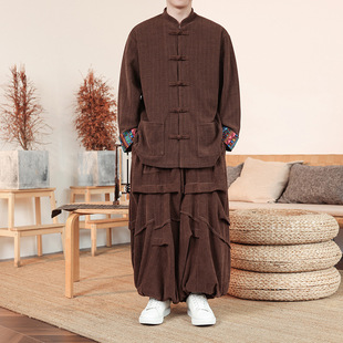 New Chinese Ethnic Style Corduroy Coat with Buckle Wheat Ear Pattern Wide Leg Pants suit Men's Solid Color Casual Shirt Trendy