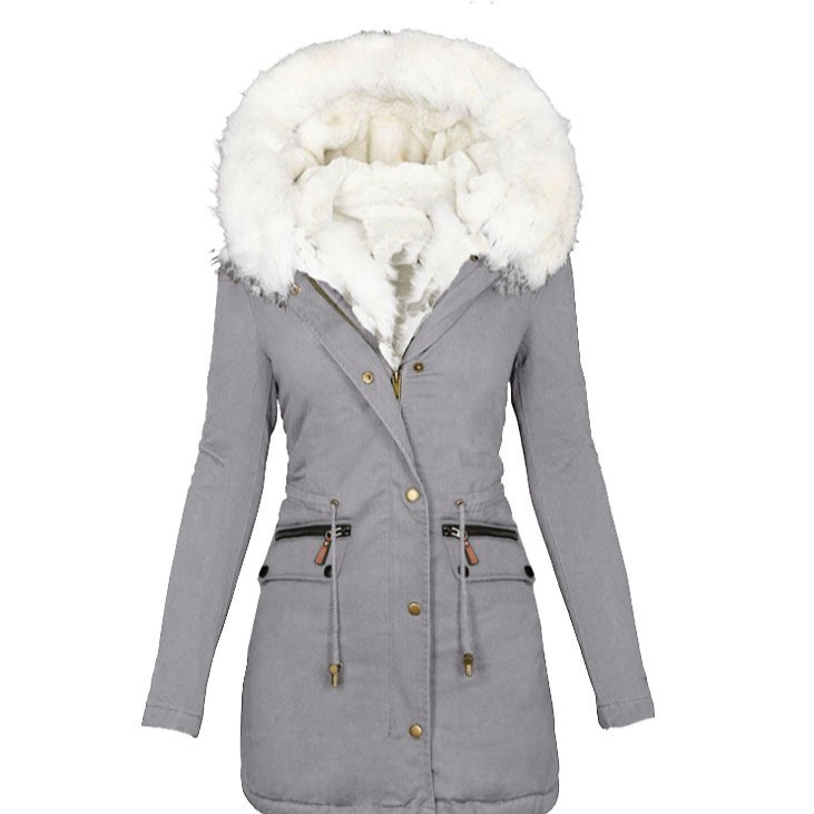 Damenbekleidung Herbst und Winter Partyjacke Damen Plüsch Taille Baumwollmantel Weiß Pelzkragen Mit Kapuze Warme Jacke Größe Lockerer Baumwollmantel Damen_voghion.com