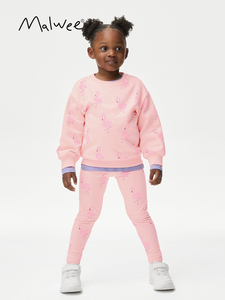Malwee traje para niñas otoño nuevo estilo para niños pequeños y medianos cuello redondo manga larga estilo occidental estampado cintura elástica pantalones de dos piezas