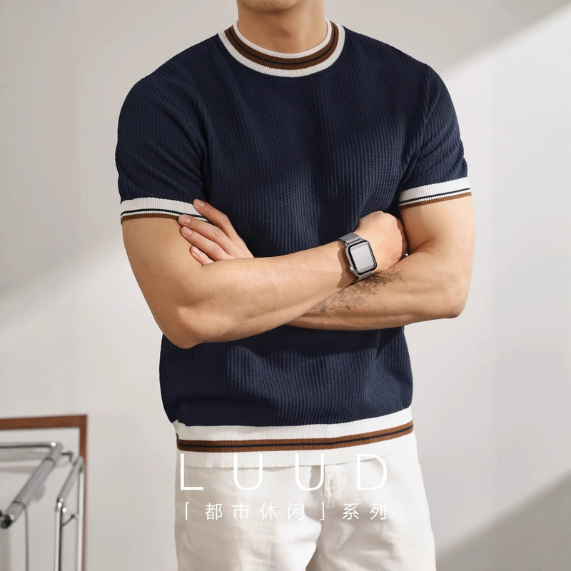 Summer new short sleeve sweater men's color matching striped ice silk breathable slim business Korean foreign trade cross-border wholesale