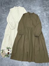 日系棉麻文艺花边立领纯色宽松休闲大码连衣裙气质百褶长裙子森系