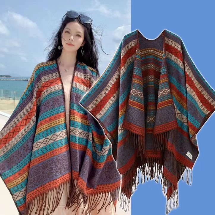 Ethnic Style Shawl Striped Cloak Shake Tone Explosions Newly Built Xizang Yunnan Lijiang All-Match Travel Warm Ethnic Style Shawl Striped Cloak Shake Tone Explosions Newly Built Xizang Yunnan Lijiang All-Match Travel Warm
