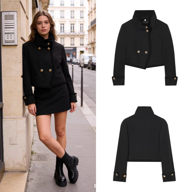 Za Foreign Trade Cross-Border Wholesale European and American Style Women's Winter Fashion Stand Collar Gold Button Short Blazer Za Foreign Trade Cross-Border Wholesale European and American Style Women's Winter Fashion Stand Collar Gold Button Short Blazer