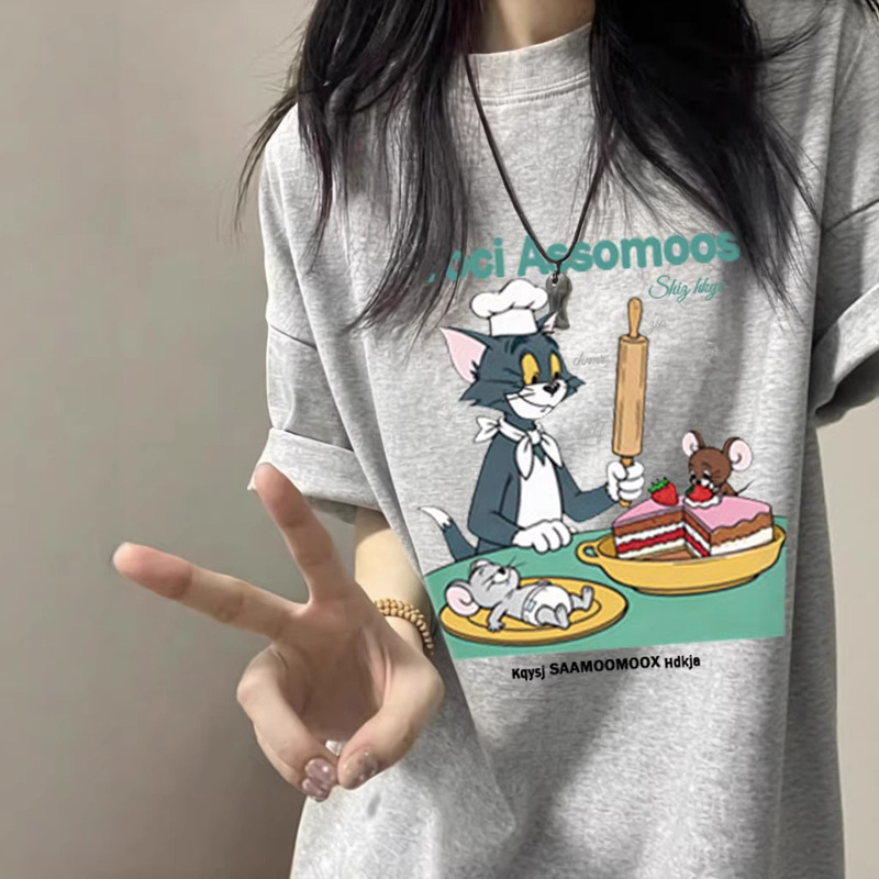 Pure Cotton American-Style Trendy Brand Oversize Gray Regular Shoulder Short-Sleeve T-Shirt for Women 2026 New Cartoon Lazy Top Summer