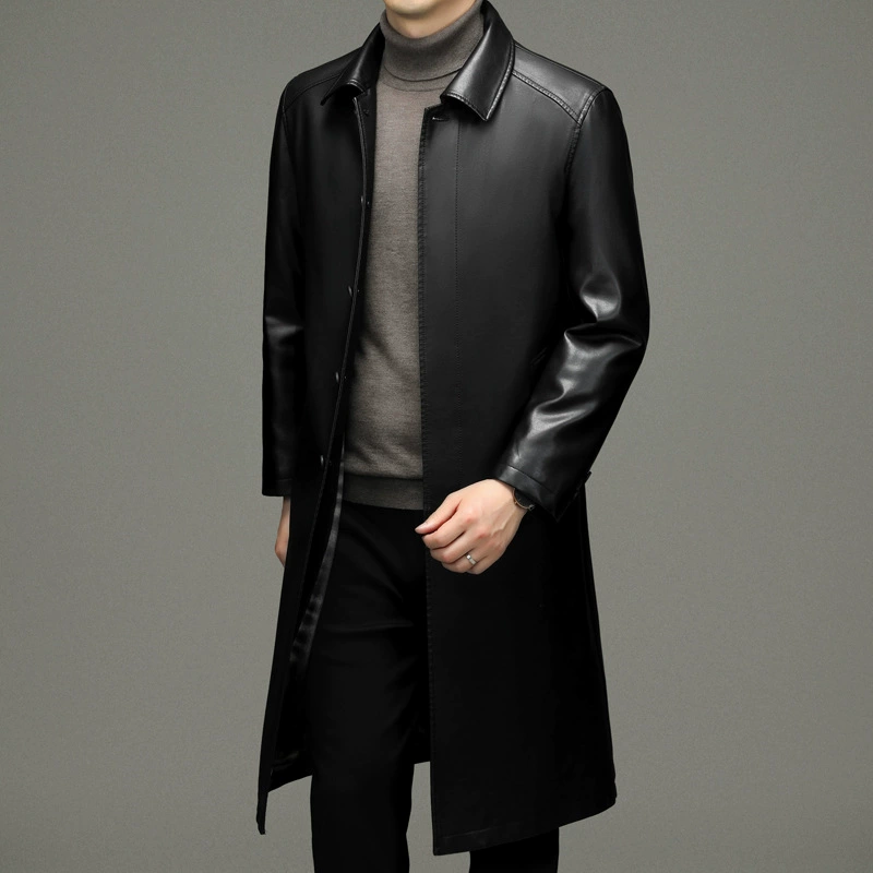 Новое осенне-зимнее Мужское пальто из натуральной кожи средней длины Haining, мужское деловое повседневное длинное кожаное пальто с лацканами, Мужское пальто