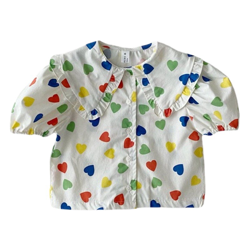 2023 verano niñas camisa redonda solapa estilo coreano simple algodón manga corta dulce niña amor Plaid solapa camisa