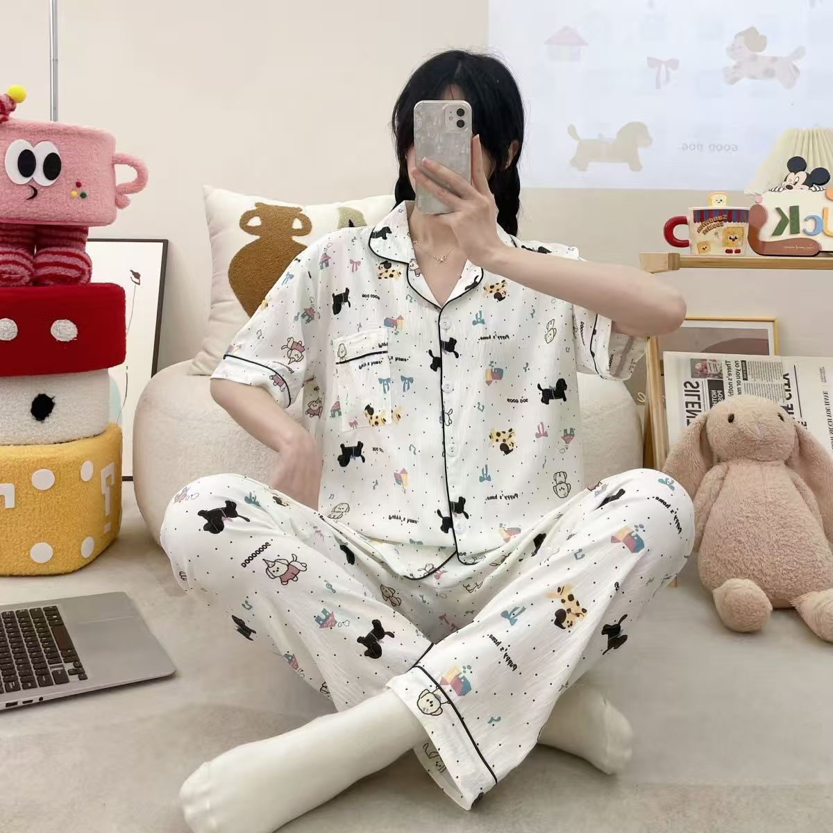 Verano nuevo pijama de algodón nube mujer suelta delgada pantalones de manga corta dos piezas conjuntos de dibujos animados impresión pareja ropa para el hogar