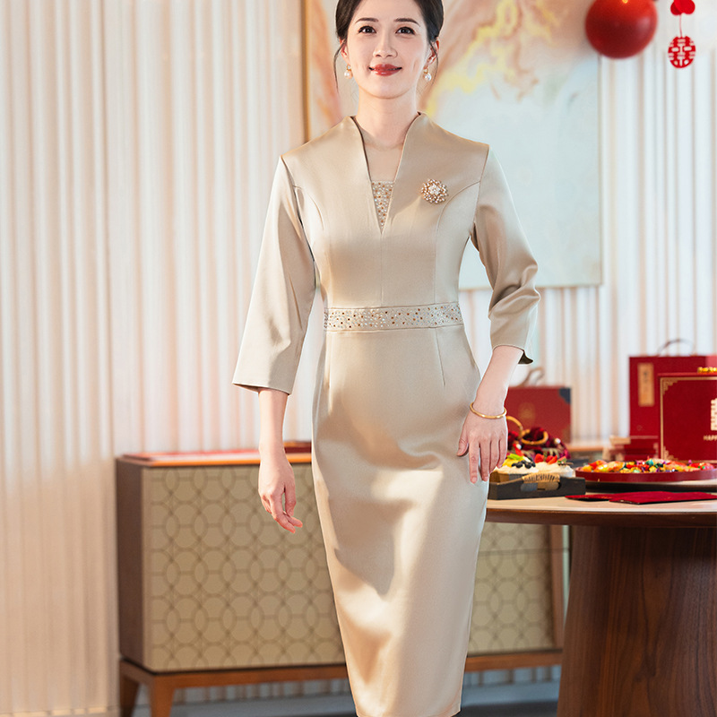 Wedding Mother Dress 2024 New Mothers' Cheongsam Dress 481 Champagne Color Seven-point Sleeve Wedding Mother Dress 2024 New Mothers' Cheongsam Dress 481 Champagne Color Seven-point Sleeve