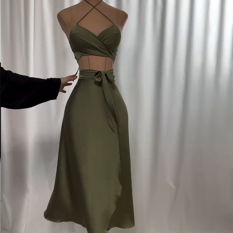 in stock European and American Foreign Trade 2024 Summer New Strapless Slim-fit Waist Seaside Holiday Skirt suit Women's Clothing