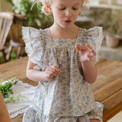 2024 Summer Strawberry San Korean Girls' Children Retro Fresh Lace Flower Edge Fringe Butterfly Knot Shirt