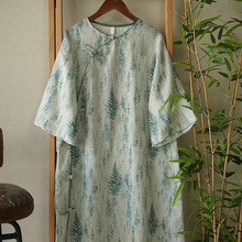 夏季新款  新中式苎麻印花单层圆领斜襟手工盘扣气质旗袍裙238277