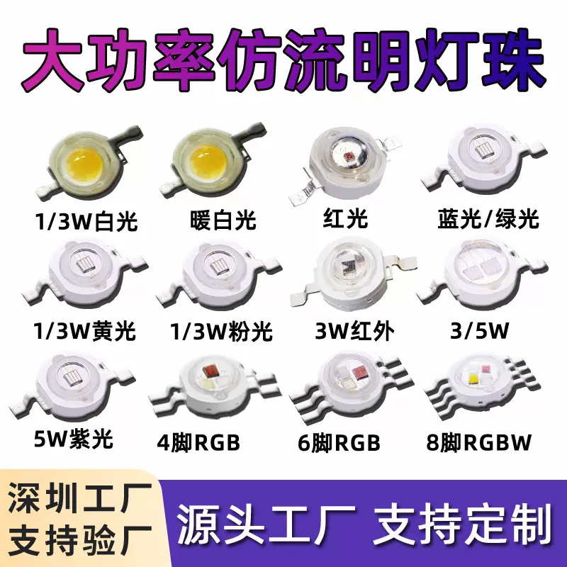 仿流明led灯珠1W3W红光红外线多色高亮5W大功率仿流明rgb球头灯珠