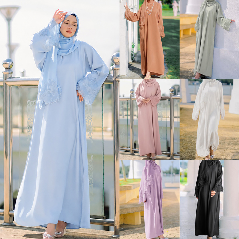 7-color in-stock cross-border women's robe, comfortable, loose, elegant long dress with lace trim and headscarf dress set 7-color in-stock cross-border women's robe, comfortable, loose, elegant long dress with lace trim and headscarf dress set