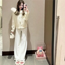 快手网红同款秋冬新款毛领拼接针织衫外套女+阔腿裤直筒裤两件套