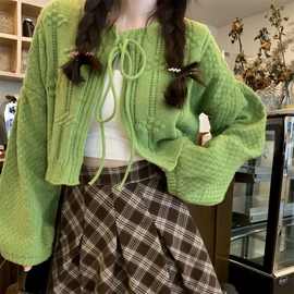 绿色绑带针织开衫女短款秋季新款灯笼袖毛衣小外套设计感时髦上衣