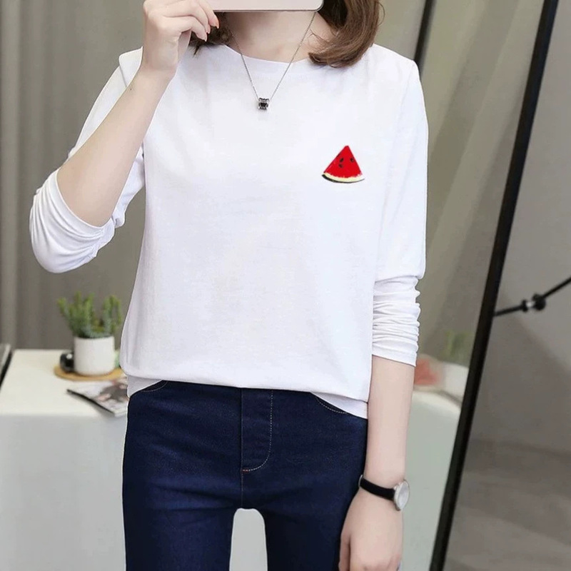 Versatile design, fashionable and elegant, simple long-sleeved T-shirt, basic top, cute print, new spring/autumn collection for women