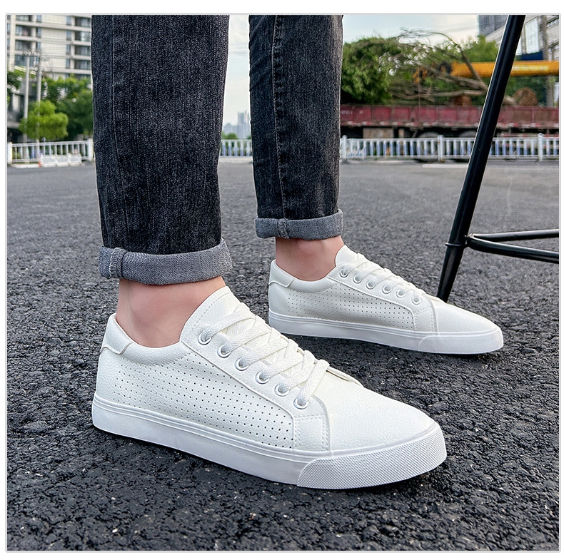 Caoutchouc petit blanc nouveaux trous de maille en cuir décontracté, à lacets d'été, chaussures de sport à fond plat pour étudiants, pour hommes_voghion.com