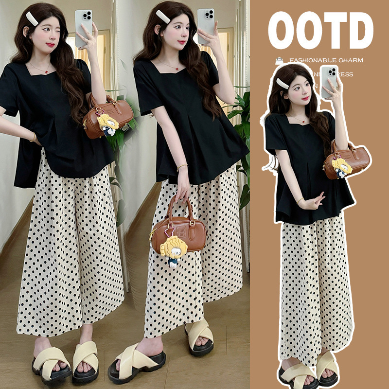 Maternity Tops, Summer Clothes, Korean Style Loose-Fitting Belly-Covering Baby Shirts, Short-Sleeved T-Shirts, Summer Polka-Dot Pants Suits