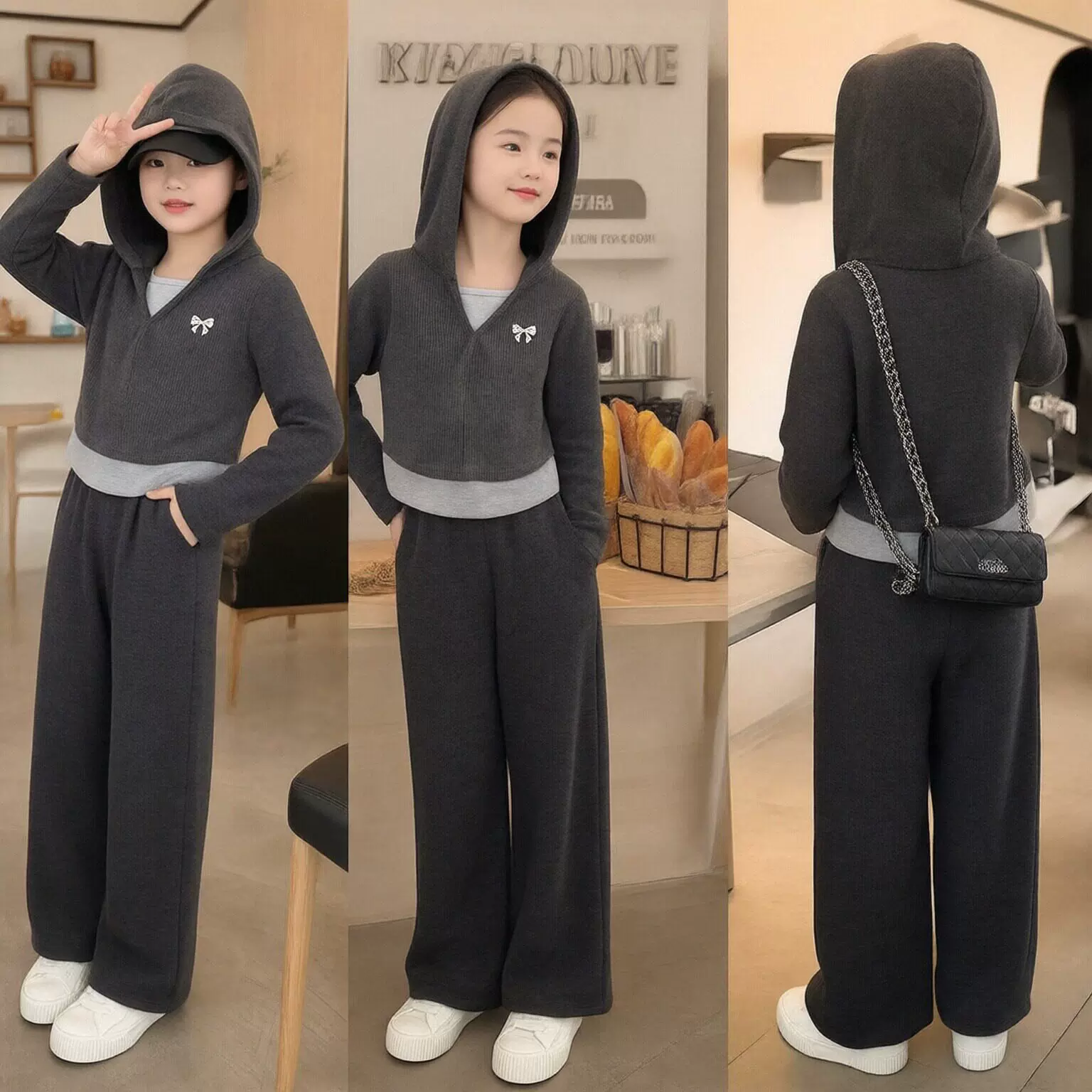 儿童休闲卫衣套装春款女童慵懒风连帽两件套宝宝运动可爱外穿童装