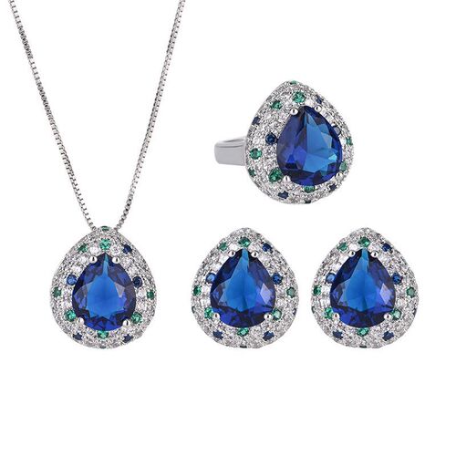 Zhuang Sheng Sheng Jewelry Western European Style Imitation Tanzanite Sapphire Drop-Shaped Color-Matched Ring Earrings Pendant Set 10*12