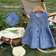 Girls' Dress 2023 Spring and Autumn New Fashion Princess Dress Pleated Skirt Baby Sleeveless Backless Denim Skirt