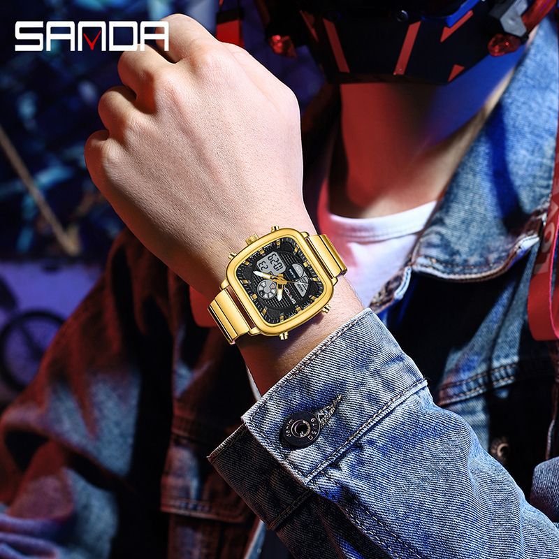 SANDA SANDA 9101 reloj de despertador impermeable para hombres reloj de pulsera clásico de acero cuadrado multifuncional luz nocturna reloj electrónico para hombres