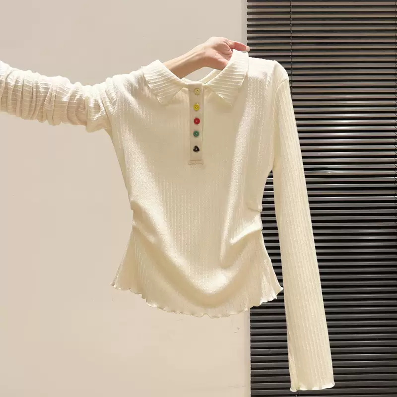 Lapel Long-Sleeve Pleated-Edge Plus-Size Shirt, Apricot, Pullover Top L–5XL