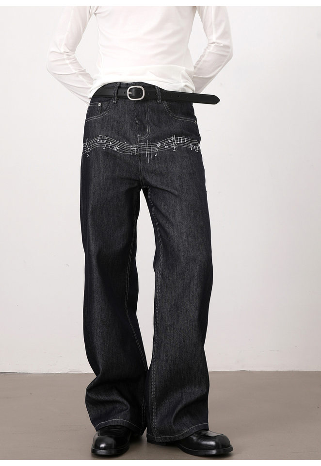 Quần jeans nam màu nguyên bản thêu họa tiết nốt nhạc phong cách retro, dáng cleanfit ống rộng suông chữ A — Xanh nguyên bản chi tiết 13
